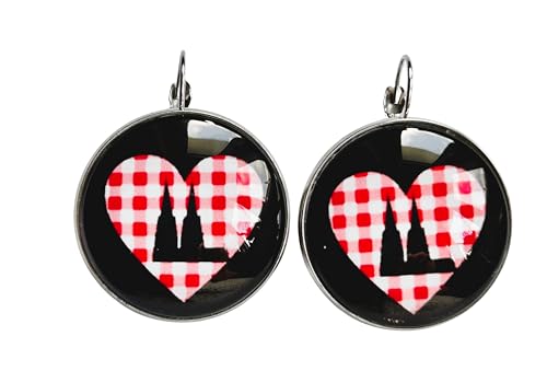 Cabochon Kölner Dom Köln Liebe Karo schwarz weiß rot Brisuren Ohrhänger Klappbrisuren 8 mm,12 mm oder 25 mm Edelstahl silber (12 mm) von Generisch