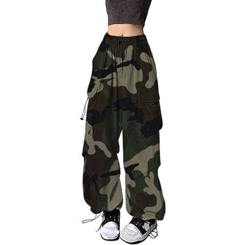 Camouflage Hose Cargohose Damen Baggy High Waist Y2K Fallschirm Hose Vintage Parachute Pants Hip Hop Freizeithose Klamotten Teenager Mädchen 90Er E-Girl Streetwear Frauen Cargo Hosen Mit Taschen von Generisch
