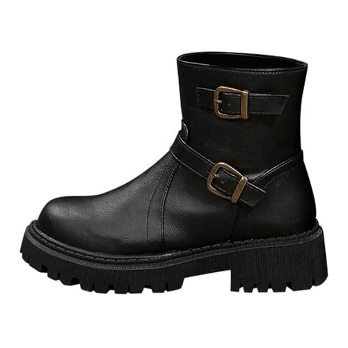 Canvas Schuhe Damen Keilabsatz Außenhandel Rundkopf Seitlicher Reißverschluss Gürtelschnalle Quadratischer Absatz Pu Europäische und amerikanische Damen-Kurzstiefel und Winter Herren (Black, 36) von Generisch