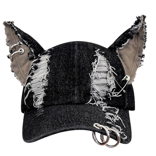 Cap Patch Hat Katzenohr Baseball Cap Damen Dark Punk Distressed Denim Baseball Cap Ästhetischer Hut Base Caps Damen (Black, One Size) von Generisch
