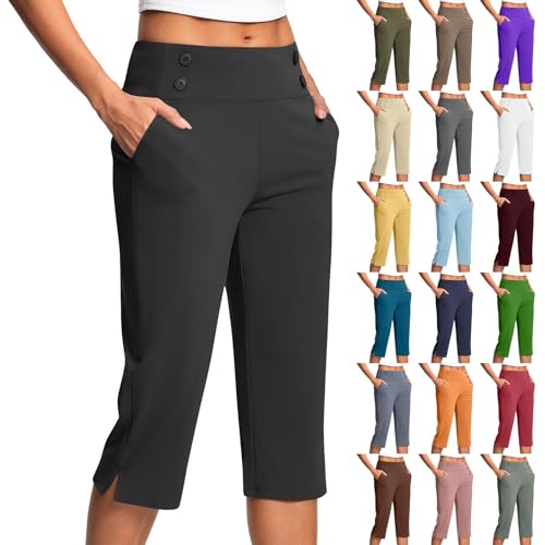 Capri Hose Damen Straight Leg Yogahose | Stretch High Waisted Caprihose 3/4 Hosen mit Taschen | Dreiviertel Sommerhose Jogginghose Sporthose Fitnesshose Elegant Bequeme Freizeithosen Damenhose von Generisch