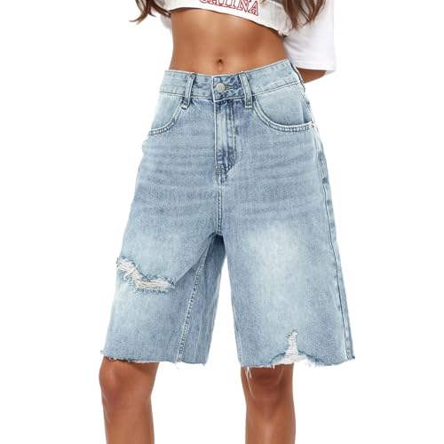Caprihose Damen 3/4 Jeanshose Baggy Jeans Shorts Vintage Washed Denimjeans High Waist Jeanshorts Freizeithose Bermuda Jeanshorts Y2K Hip Hop Denim Shorts Teenager Jungen Streetwear von Generisch
