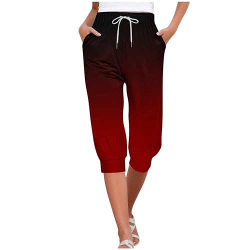 Caprihose Damen Sommer Stretch Jogginghose Damen Mit Kordel Elastischer Taille Freizeithose Bunt Druck Capri Hose Slim Fit Dreiviertel Hose Modisch Capri Leggings Leichte Dreiviertel Hose von Generisch