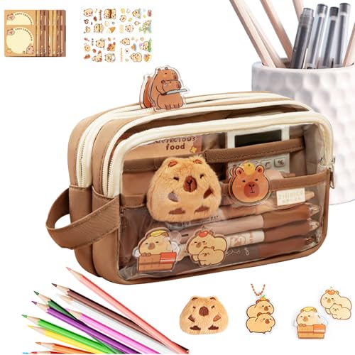 Capybara Federmäppchen Set mit Stiftfächern und Netztaschen | Schüler Mäppchen Griffdesign verschleißfest | Capybara Zubehör Set mit Puppe Anhänger Broschen Notizen Aufkleber von Generisch