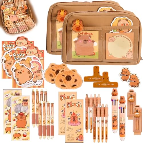 Capybara Schreibwaren Set, 12 Lagiges Süßes Federmäppchen, Federmäppchen Mit Fächern, Inklusive Capybara-Schlüsselanhänger, Aufklebern, Stiften Und Haftnotizen (2set) von Generisch