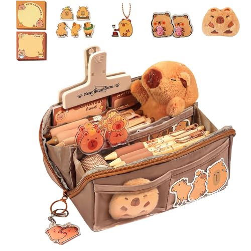 Capybara Schreibwaren Set, 20 X 8 X 8 cm Capybara Mäppchen, Capybara Federmäppchen, Bleistiftbox Mit Notizen Aufkleber Schlüsselanhänger Clip Brosche Für Büro,Schule,Kinder,Schülerschreibwaren von Generisch