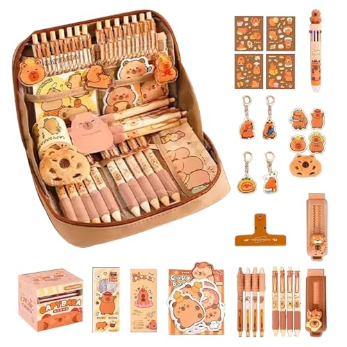 Capybara Stifte Set, Süßes Kinder Schreibwarenset, 12-lagiges Federmäppchen Aus Canvas, Große Federmäppchen (Clips, Haftnotizen, Radiergummis, Linealsatz Usw) von Generisch