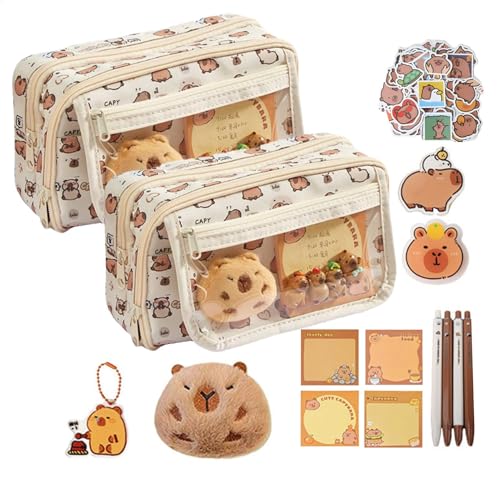 Capybara Stiftetui Set - 2 Pack Capybara Federmäppchen, Mehrschichtiges Federmappe mit Großen Fassungsvermögen, Capybara Briefpapier Tasche mit Puppen Schlüsselanhänger Broschen Aufklebern für Mädchen von Generisch