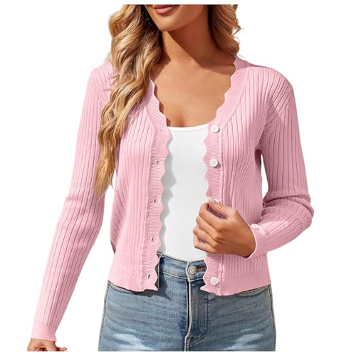 Cardigan Damen Lang, Strickjacke Damen Kurz V Ausschnitt Trachtenjacke Mit Knöpfen Dirndl Jacke Einfarbig Cardigan Leichte Übergangsjacke Sommer Bolero Elegante Kurzjacke Casual Dünnes, Rosa, S von Generisch