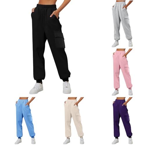 Cargo Sweathose Damen Elasticated Waist Jogginghose Mit Taschen Gym Running Walking Sweatpants Jogger Sporthose Gerades Bein Einfarbig Cargohose Weich Palazzo Hose Schwarz M von Generisch