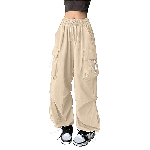 Cargohose Damen Baggy Beige High Waist Y2K Fallschirm Hose Vintage Parachute Pants Hip Hop Freizeithose Klamotten Teenager Mädchen 90Er E-Girl Streetwear Frauen Cargo Hosen Mit Taschen von Generisch