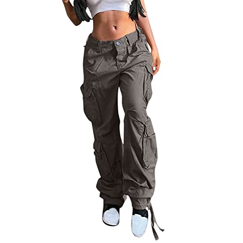 Cargohose Damen Baggy Cargo Hose High Waist Y2K Freizeithose Straight Cargohose Damen Eng Jogginghose Vintage Hohe Taille Wanderhose Kordelzug Elastische Bund Streetwear Sweathose Weites Bein Hose von Generisch