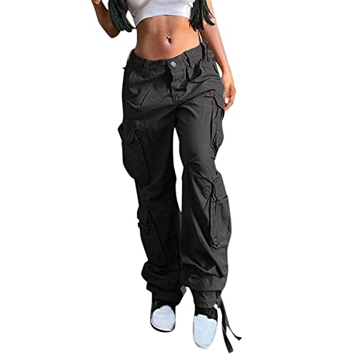 Cargohose Damen Baggy Cargo Hose High Waist Y2K Freizeithose Straight Cargohose Damen Eng Jogginghose Vintage Hohe Taille Wanderhose Kordelzug Elastische Bund Streetwear Sweathose Weites Bein Hose von Generisch