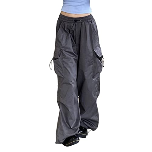 Cargohose Damen Baggy High Waist Y2K Fallschirm Hose Vintage Parachute Pants Hip Hop Freizeithose Klamotten Teenager Mädchen 90Er E-Girl Streetwear Frauen Cargo Hosen Mit Taschen Grau Umstandshose von Generisch