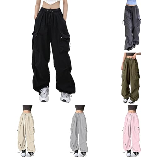 Cargohose Damen Baggy Schwarz Weite Hose Damen Hip Hop Palazzo Cargo Sommer Hosen Lockere Sommerhosen Große Größen Wanderhose Lang Parachute Pants Y2K Fallschirmhose Vintage Trousers von Generisch