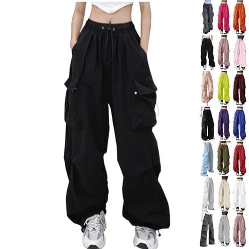 Cargohose Damen Baggy Weite Bein Hose Hip Hop Y2K Streetwear Freizeithose Jogginghose mit Gummizug Oversized Vintage 90er Track Pants Fallschirmhosen Sweathose Cargo Lange Hosen für Teenager Mädchen von Generisch