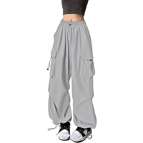 Cargohose Damen Baggy Weite Bein Hose Hip Hop Y2K Streetwear Freizeithose Jogginghose mit Gummizug Oversized Vintage 90er Track Pants Fallschirmhosen Sweathose Cargo Lange Hosen für Teenager Mädchen von Generisch