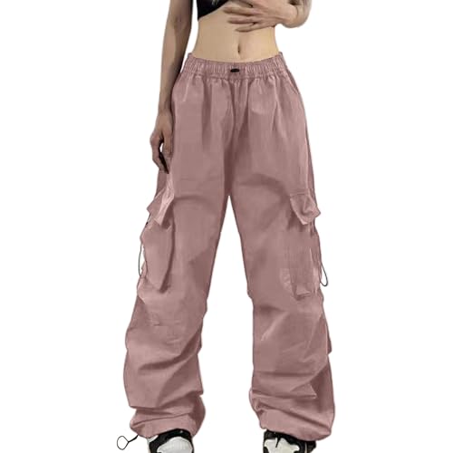Cargohose Damen Baggy Weite Bein Hose Hip Hop Y2K Streetwear Freizeithose Jogginghose mit Gummizug Vintage 90er Track Pants Fallschirmhosen Sweathose Cargo Lange Hosen von Generisch
