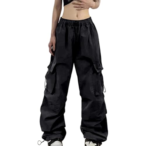 Cargohose Damen Baggy Weite Bein Hose Hip Hop Y2K Streetwear Freizeithose Jogginghose mit Gummizug Vintage 90er Track Pants Fallschirmhosen Sweathose Cargo Lange Hosen von Generisch