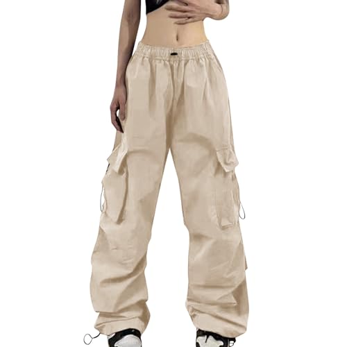 Cargohose Damen Beige Baggy High Waist Y2K Fallschirm Hose Vintage Parachute Pants Hip Hop Freizeithose Klamotten Teenager Mädchen 90Er E-Girl Streetwear Frauen Cargo Hosen Mit Taschen von Generisch