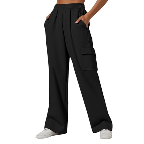 Cargohose Damen High Waist Baggy Jogginghose Warme Stretch Weites Bein Traininghose Einfarbig Leichte Elastische Taille Sporthose Outdoor Laufhose Workout Fitnesshose Mit Multi-Taschen,S-3XL von Generisch
