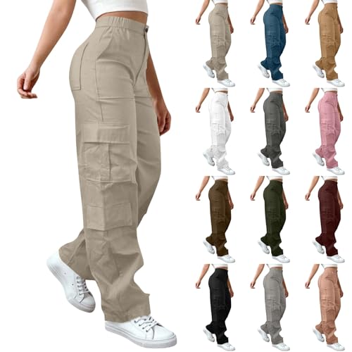 Cargohose Damen High Waist Hip Hop Freizeithose Straight Baggy Wanderhose Sommer Y2K Breites Bein Boyfriend Hose Baumwolle Arbeitshose mit Multi Taschen Teenager Mädchen Streetwear Parachute Pants von Generisch