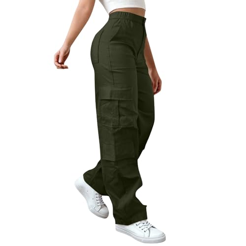 Cargohose Damen High Waist Hip Hop Freizeithose Straight Baggy Wanderhose Sommer Y2K Breites Bein Boyfriend Hose Baumwolle Arbeitshose mit Multi Taschen Teenager Mädchen Streetwear Parachute Pants von Generisch