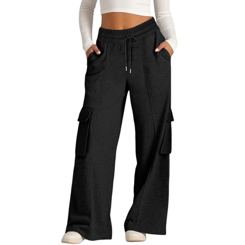 Cargohose Damen High Waist Locker Jogginghose Herbst/Winter Warme Weites Bein Sporthose Einfarbig Stretch Bequeme Freizeithose Outdoor Laufhose Workout Sweatpants Mit Kordelzug Und Taschen,S-XXL von Generisch