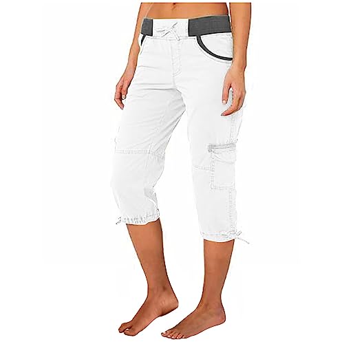 Cargohose Damen Sommer Knielang Cargo Shorts 3/4 Arbeitshose Regular Fit Sommerhose Einfarbig Caprihose Baumwolle Hose Hohe Taille Freizeithose Elastisch Sporthose Jogginghose Stoffhose mit Taschen von Generisch