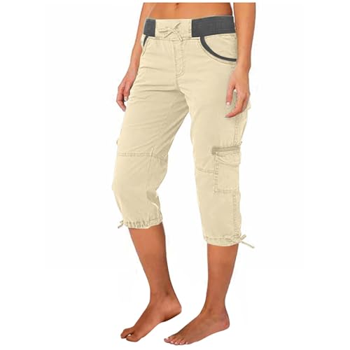 Cargohose Damen Sommer Knielang Cargo Shorts 3/4 Arbeitshose Regular Fit Sommerhose Einfarbig Caprihose Baumwolle Hose Hohe Taille Freizeithose Elastisch Sporthose Jogginghose Stoffhose mit Taschen von Generisch
