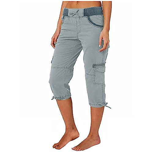 Cargohose Damen Sommer Knielang Cargo Shorts 3/4 Arbeitshose Regular Fit Sommerhose Einfarbig Caprihose Baumwolle Hose Hohe Taille Freizeithose Elastisch Sporthose Jogginghose Stoffhose mit Taschen von Generisch