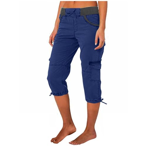Cargohose Damen Sommer Knielang Cargo Shorts 3/4 Arbeitshose Regular Fit Sommerhose Einfarbig Caprihose Baumwolle Hose Hohe Taille Freizeithose Elastisch Sporthose Jogginghose Stoffhose mit Taschen von Generisch
