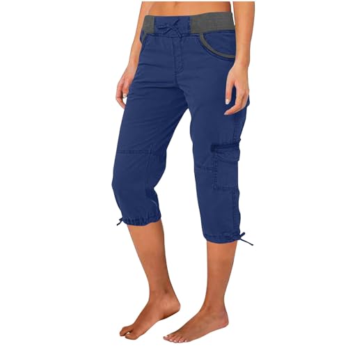 Cargohose Damen Sommer Knielang Cargo Shorts 3/4 Arbeitshose Regular Fit Sommerhose Einfarbig Caprihose Baumwolle Hose Hohe Taille Freizeithose Elastisch Sporthose Jogginghose Stoffhose mit Taschen von Generisch