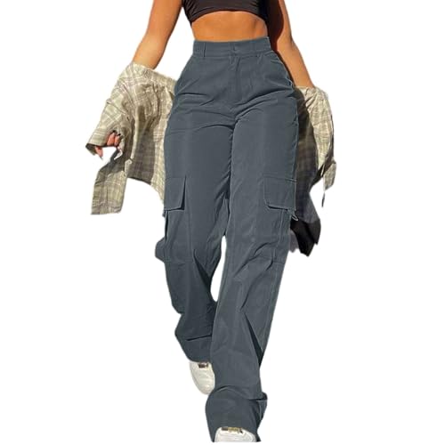 Cargohose Damen Weite Hosen Stretch High Waist Wanderhose mit Taschen Bootcut Damenhosen mit Gummizug Y2K Trekkinghose Arbeitshosen Outdoor 1#Grau XXL von Generisch