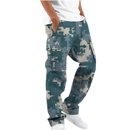 Cargohose Herren Baggy Camouflage Hose Elastischer Bund Arbeitshose Leichte Männer Jogginghose Gerade Beinform Sporthose Freizeit Wanderhose mit Taschen Outdoorhose Laufhose Freizeithose Latzhose von Generisch