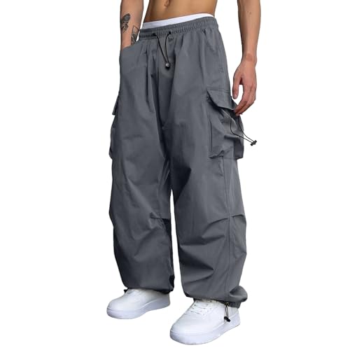 Cargohose Herren Baggy Cargo Hose mit Taschen Hosen Hip Hop Y2K Fallschirmhose Jogginghose Elastische Taille Haremshose Sporthose mit Tunnelzug Pants Solid Harajuku Streetwear von Generisch