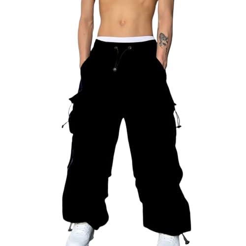 Cargohose Herren Baggy Freizeit Y2K Baggy Fallschirmhose Weites Bein Hosen Freizeithose Frauen Elastische Taille mit Vielen Taschen Cargo Hose Vintage Cargohose Outdoorhose Jogger Arbeitshose von Generisch