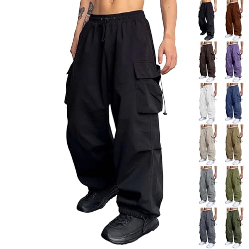 Cargohose Herren Mode Baggy Männer Parachute Pants Cargo Hose Mode Tunnelzug Einfarbig Outdoorhose Sport Freizeithose Weites Bein Stoffhose Seitentaschen Haremshose Alltag Leichte Sommerhose von Generisch