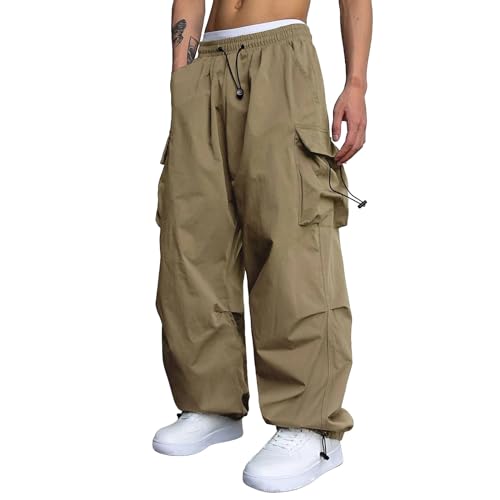 Cargohose Herren Mode Baggy Männer Parachute Pants Cargo Hose Mode Tunnelzug Einfarbig Outdoorhose Sport Freizeithose Weites Bein Stoffhose Seitentaschen Haremshose Alltag Leichte Sommerhose von Generisch