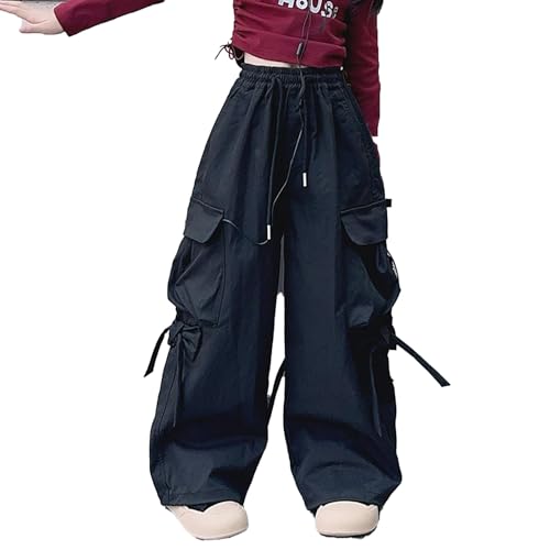 Cargohose Kinder Mädchen Palazzo Cargo Hose Locker Y2K Streetwear High Waist Freizeithose Baggy Wanderhose Fallschirmhose Parachute Pants Loose Fit Outdoorhose Trekkinghose Mit Kordelzug Grau von Generisch