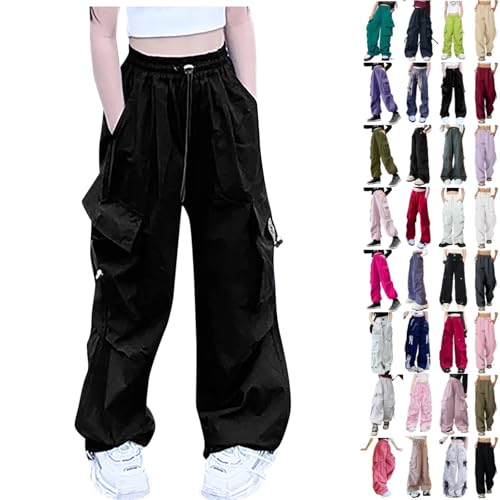 Cargohose Mädchen Baggy Weite Bein Hosen Y2K Hip Hop Streetwear Elastisch Hohe Taille Parachute Hose mit Gummizug 90er Track Pants Fallschirmhosen Jogginghose Teenager Cargo Lange Hosen 3-17 Jahre Alt von Generisch