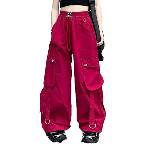 Cargohose Mädchen Schwarz Elastische Taille Kinder Cargo Hose Straight Leg Hohe Y2K Baggy Pants Freizeithose Hip Hop Hosen Streetwear Casual Outdoorhose Jogginghose mit Taschen von Generisch