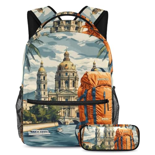 Carry Your Dreams to School, 2-teiliges Kinder-Schulranzen-Set mit Reisebuchtasche und Federmäppchen, Reise-Landschaftsmuster, mehrfarbig, B：29.4x20x40cm P：19x7.5x3.8cm, Tagesrucksäcke von Generisch