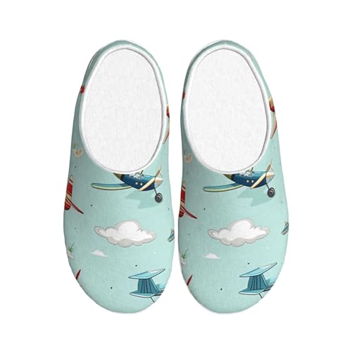 Cartoon Flugzeuge Damen Hausschuhe Flanell Haus Hausschuhe für Herren Niedliche Flugzeuge rutschfeste Warme Winterschuhe für Indoor Outdoor, mehrfarbig, X-Small Men/ XX-Large Women von Generisch