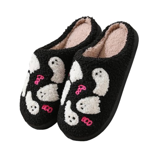 Cartoon Geistergesichts Bequem Wärme Slippers - Halloween Hausschuhe Damen Unisex Pantoletten Niedliche Hauspantoffeln Süße Hausschlappen Rutschfest Plüschhausschuhe Lustige Haushaltsschuhe von Generisch