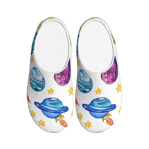 Cartoon Raumschiff Damen Hausschuhe Flanell Haus Hausschuhe für Herren Bunte Planet rutschfeste warme Winterschuhe für drinnen und draußen, mehrfarbig, X-Small Men/ X-Large Women von Generisch