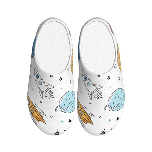 Cartoon Space Planet Damen Hausschuhe Flanell Haus Pantoffeln für Männer Universum Rakete rutschfeste Warme Winterschuhe für Indoor Outdoor, mehrfarbig, X-Small Men/ XX-Large Women von Generisch