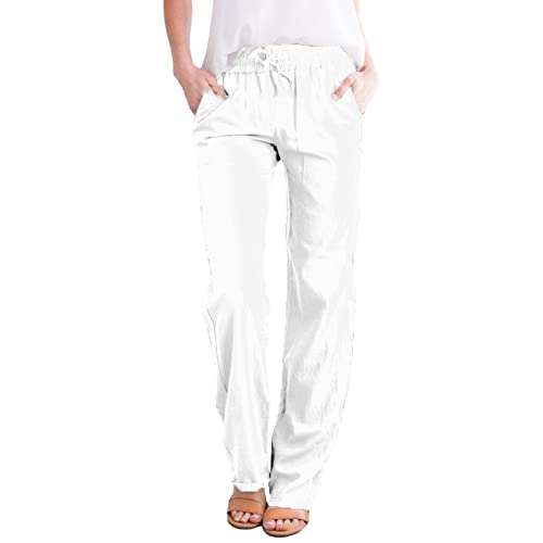 Casual Jogginghose Stoffhose Damen Sommerhose Frauen Feste gerade Feste elastische Hosen Lange Kordelzug Leinen Frauen Taille Baumwolle Freizeithose Bequeme Stoffhose Sommerhose (White, L) von Generisch