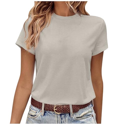Casual Tshirt Damen Basic Einfarbig Shirts Business Outfit Rundhals Klassischer Schnitt Oberteile Elegant Kurzarm T-Shirts Fashion Aesthetic Bluse Leicht Sommer Sportshirt (Hellgrau, XXL) von Generisch