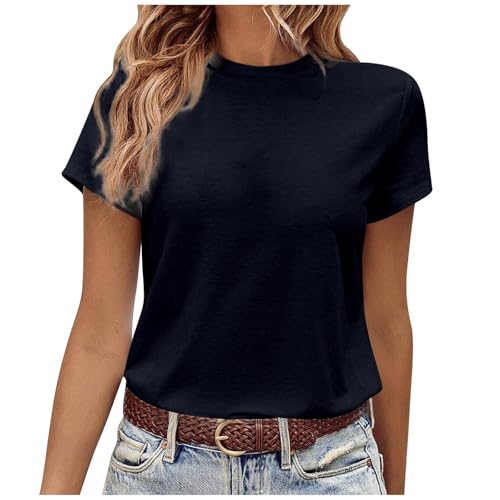 Casual Tshirt Damen Basic Einfarbig Shirts Business Outfit Rundhals Klassischer Schnitt Oberteile Elegant Kurzarm T-Shirts Fashion Aesthetic Bluse Leicht Sommer Sportshirt (Kriegsmarine, M) von Generisch